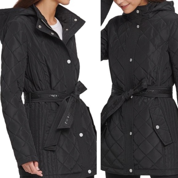 Womens DKNY Belted Maxi Rain Coat Medium Black
